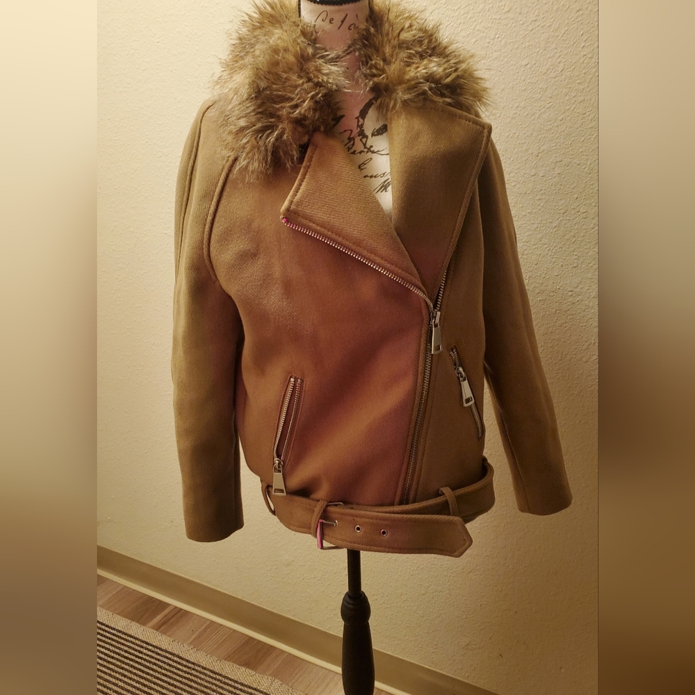 H&M Brown Wool Jacket with Faux Fur Collar